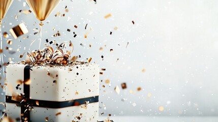 Wall Mural -   A golden-topped white cake, adorned with a black ribbon, sits amidst a sea of colorful confetti and balloons