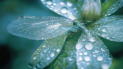 Wall Mural -   A raindrop-drenched green flower sits atop a green stem, with more water droplets adorning its petals