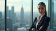 © igor.nazlo - A portrait of a determined woman in a business suit, standing against a background of a futuristic city skyline