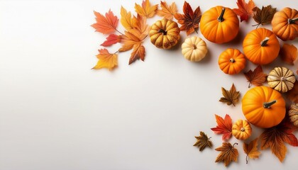 Wall Mural - autumnal border of pumpkins and leaves on a white history best for fall and thanksgiving designs