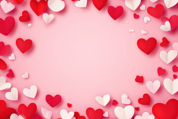 Wall Mural - Valentine day background of many different paper hearts on pink soft background. Copy space.
