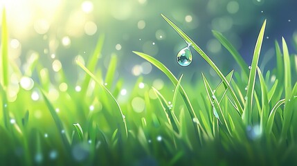 Wall Mural - a sharp image of blades of grass with a droplet of water on one blade against a backdrop of cerulean