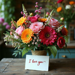 Wall Mural - bouquet of  flowers  with a card saying I love you , on an old rustic table