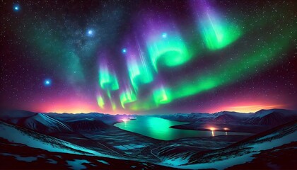 vivid aurora borealis lights glowing in a dark starry night sky, bright green, purple, and blue hues