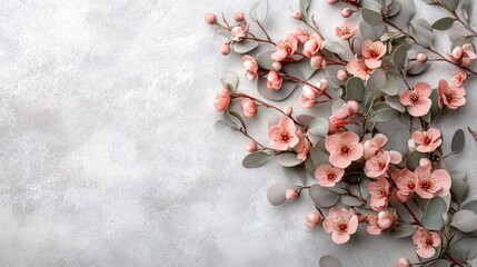 Sticker - Delicate pink flowers and green leaves arranged artistically on a textured background