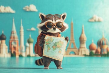 Poster - Raccoon explorer stands ready with a map and backpack at famous world landmarks under a bright blue sky. Generative AI