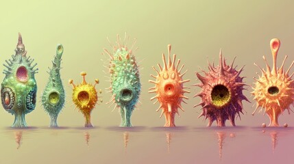 Leinwandbilder - Progression of viral forms showcasing evolving complexity and structure in biological models. Generative AI
