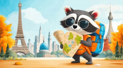 Aufkleber - Raccoon exploring famous landmarks with a map and backpack during a sunny day. Generative AI