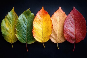 Sticker - A close-up shot of variously colored leaves arranged on a black surface