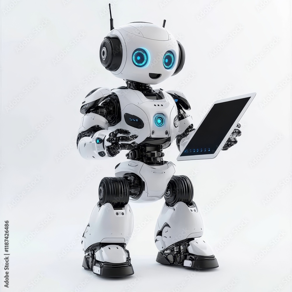 Ilustración de Stock AI robot using tablet isolated on a transparent ...