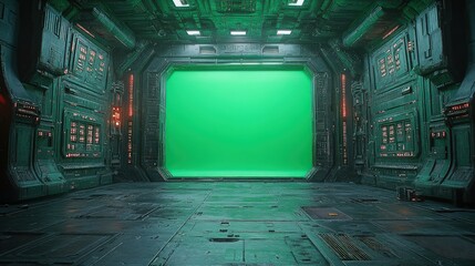 Futuristic green-screen corridor, spaceship interior.