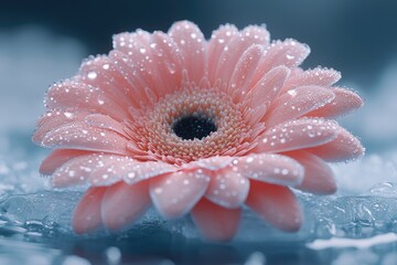 Wall Mural - A delicate pink flower with sparkling water droplets glistening on its petals