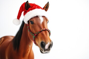 Poster - A brown horse wearing a festive Santa hat, great for holiday-themed images and Christmas cards