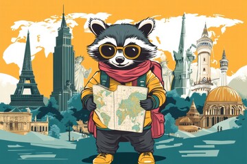 Poster - Raccoon explorer with a map and backpack visits famous world landmarks in a vibrant travel adventure. Generative AI