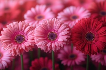 Wall Mural - A group of vibrant pink and red flowers growing in a lush green field