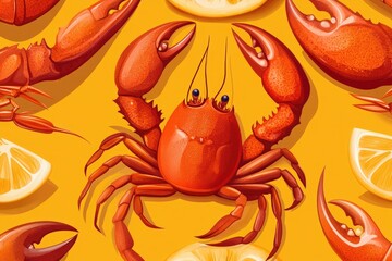 Wall Mural - Image of lobsters with lemon slices arranged on a bright yellow surface