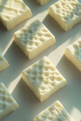 Wall Mural - Close-up shot of white chocolate squares with smooth texture and creamy color