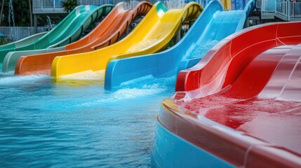 Wall Mural - A collection of colorful water slides in a swimming pool