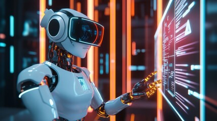 In a futuristic cityscape, a humanoid robot wearing a VR headset interacts with a glowing digital interface.