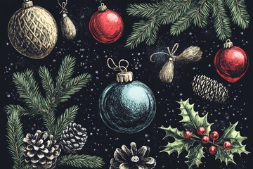 Canvas Print - Christmas decoration set on a black background, ideal for holiday promotions or winter-themed designs