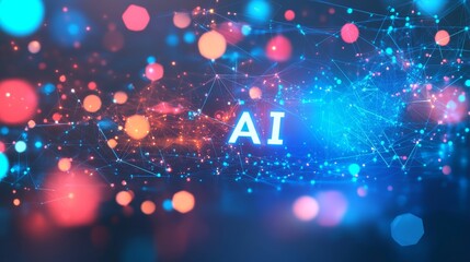 A humanoid robot indicates the word AI on a screen that is encircled by code.