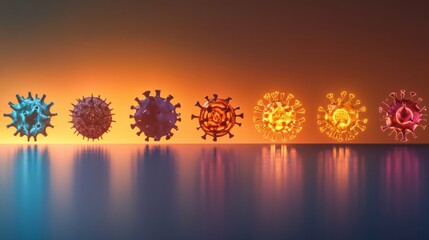 Aufkleber - Progression of virus forms displayed from basic structures to complex structures in a vivid gradient background. Generative AI