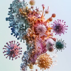 Poster - Progression of virus forms showcasing evolution from simple to complex structures in a visually striking display. Generative AI