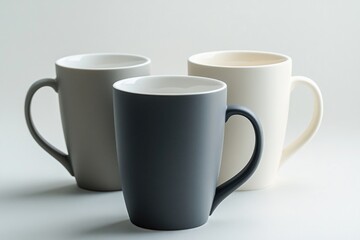 Sticker - Three ceramic coffee mugs sit side by side on a wooden or glass table, ready for morning coffee