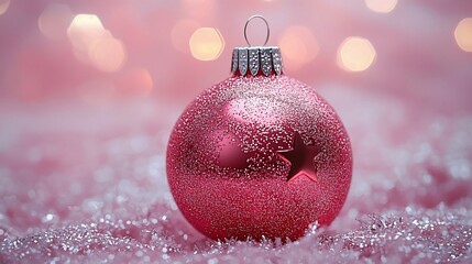 Wall Mural - Pink Christmas ball on snow with bokeh lights.