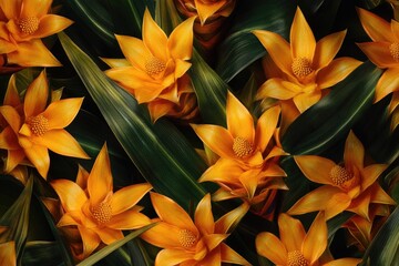 Poster - A close-up shot of a bunch of bright yellow flowers with green leaves