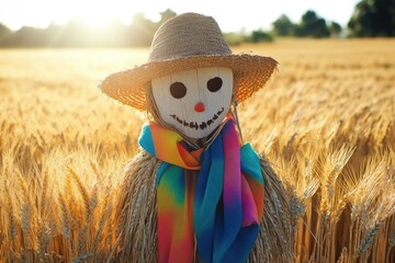 Poster - A person stands alone in a wheat field wearing a straw hat and scarf, the setting sun casts a warm glow