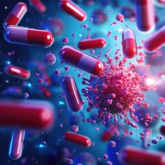 Poster - Pills circle and engage with bacteria representing advancements in medical science and medicine discoveries. Generative AI