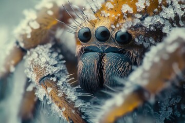 A close-up shot of a spider wrapped in snow, highlighting its delicate features and the serene winter environment