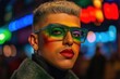 © Anton Moskovchenko - Young stylish influencer wearing colorful makeup and glasses posing at night