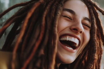 A smiling woman with dreadlocks on her head