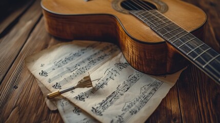 Poster - Guitar resting on wooden surface next to scattered sheet music and a tuning fork for tuning strings. Generative AI
