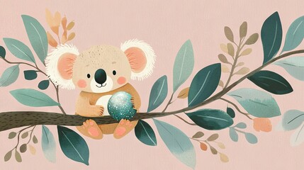 Poster -   A koala sits on a branch, holding a blue egg in its mouth against a pink backdrop