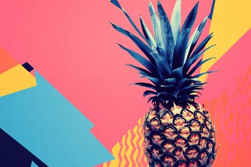 Poster - Vibrant abstract geometric design featuring a colorful pineapple on a bright background with angular shapes and patterns. Generative AI