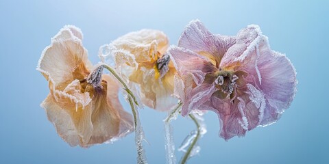 Wall Mural - Three flowers covered in frost against a clear blue sky