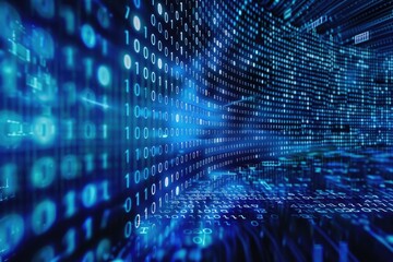 abstract neon blue cyber binary flowing background