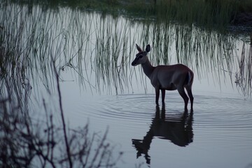 Wall Mural - A serene image of a waterbuck standing in shallow water, surrounded by reeds. 