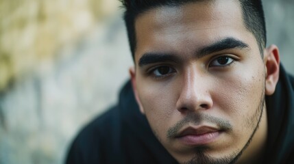 Poster - A close-up view of a person wearing a black shirt, perfect for portrait photography or as a focus point