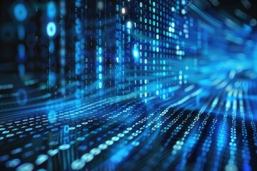 Abstract neon blue cyber binary flowing background