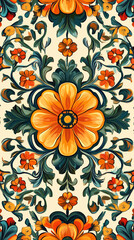 Wall Mural - The image is a vibrant, ornate floral pattern featuring a large, central orange flower surrounded by intricate green foliage and smaller red and orange flowers