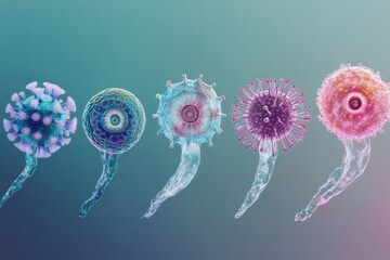 Poster - Progression of virus forms depicting various complexities and structures in a scientific representation of microorganisms. Generative AI