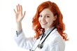 © Ева Поликарпова - A woman wearing a stethoscope is waving her hand, possibly signaling for attention or directing someone's focus