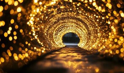 Wall Mural - Abstract swirling golden lights in a dark tunnel