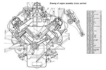 Wall Mural - engine assembly of cargo vehicle. engineering mechanical drawing of automotive device. industrial ca