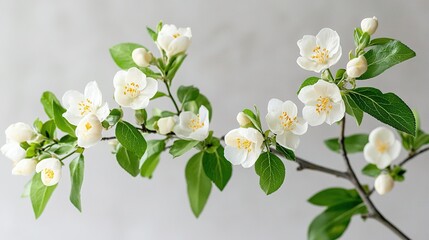 Wall Mural -  A flowering plant with white blossoms and green foliage against a gray backdrop, featuring a white wall in the background