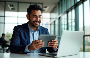 smiling hispanic businessman uses tablet computer in modern office. he is working with laptop. busin